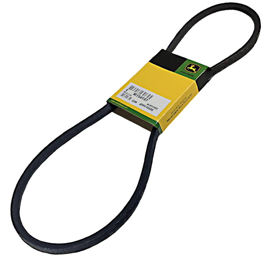 Black traction drive belt with yellow and green packaging for EZTrak lawn mower series, suitable for tools and home improvement.