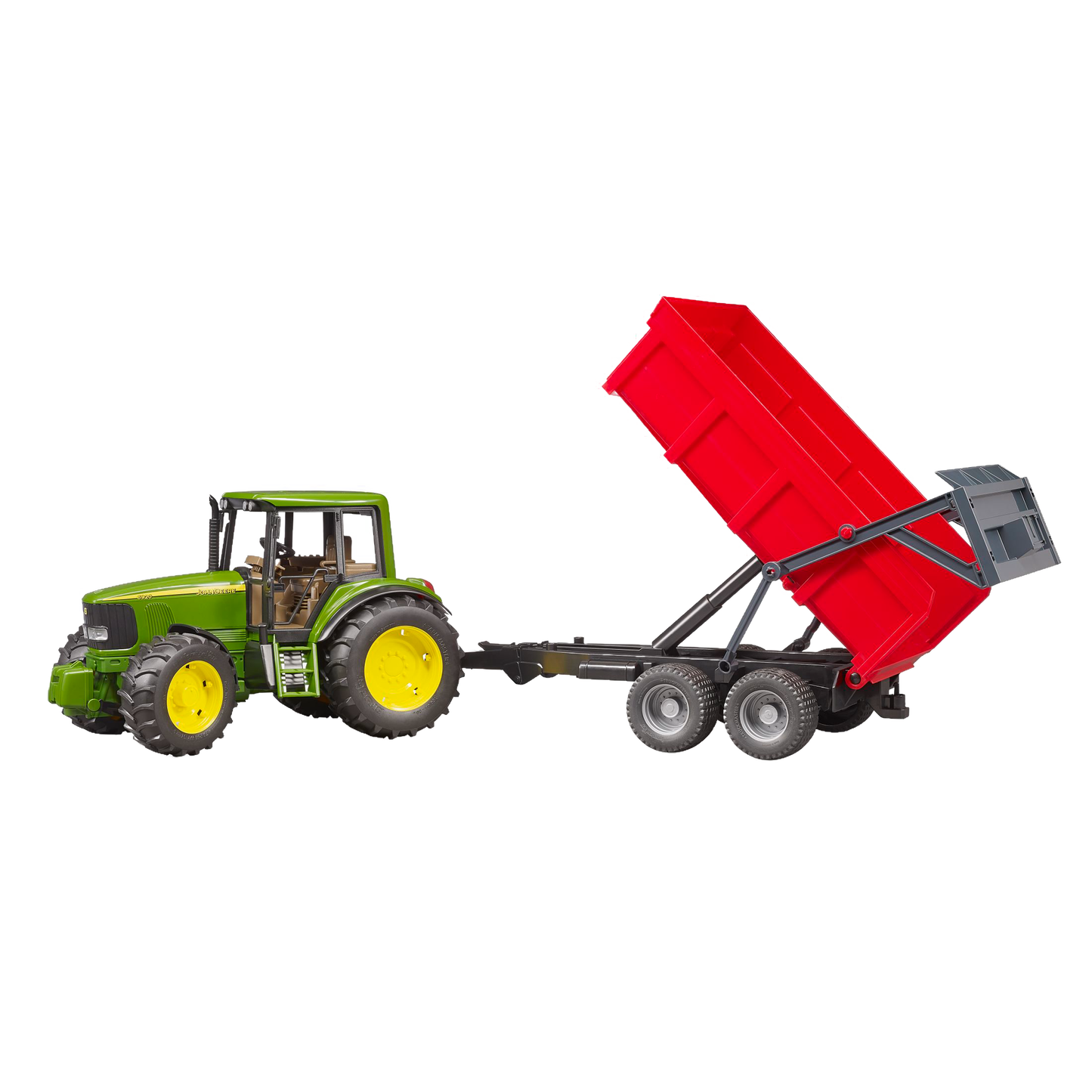 Green and yellow toy tractor pulling a red tipping trailer for Bruder Toys in Vehicles & Remote Controlled Toys collection