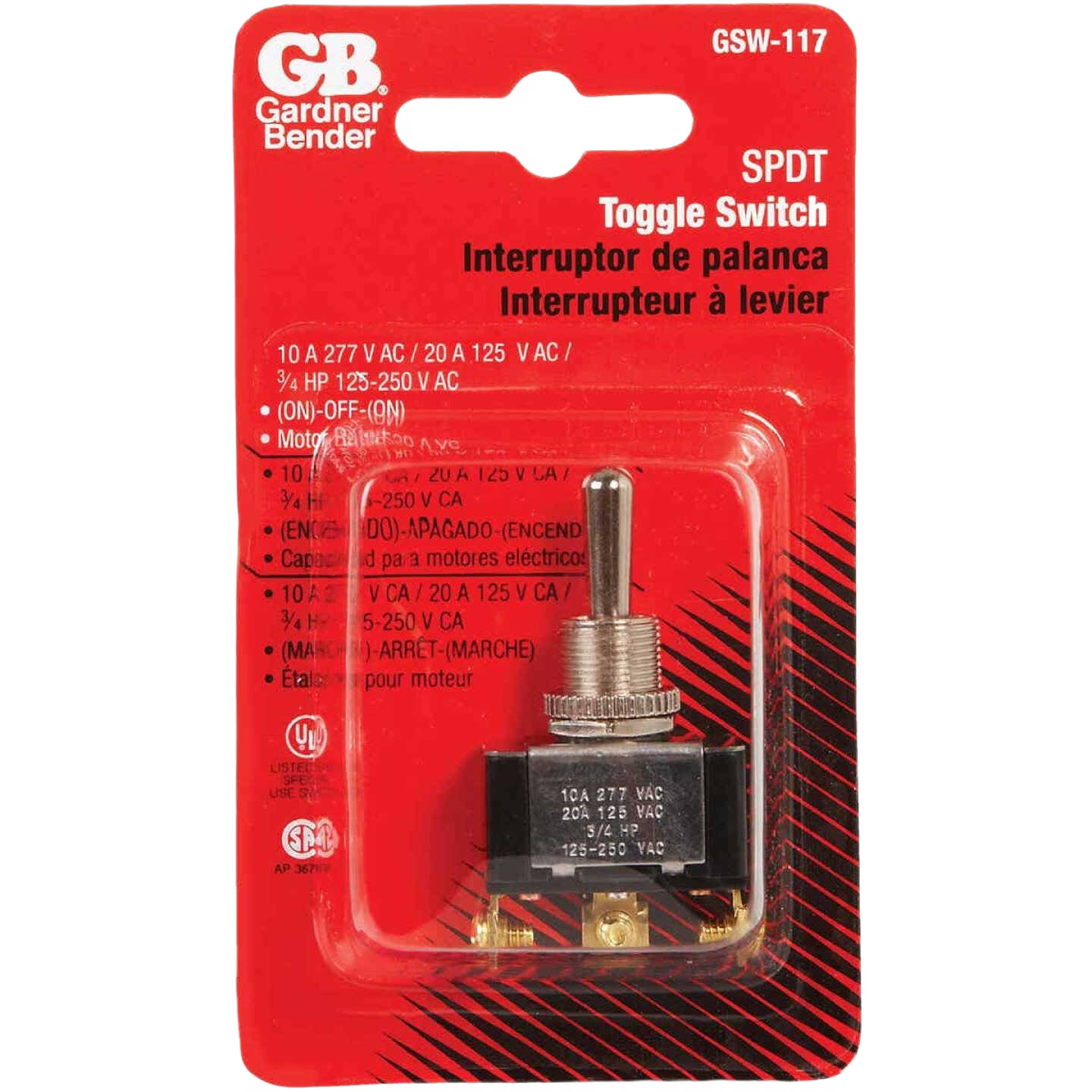 Single pole double throw toggle switch with metal lever and black plastic housing for electrical and home improvement use