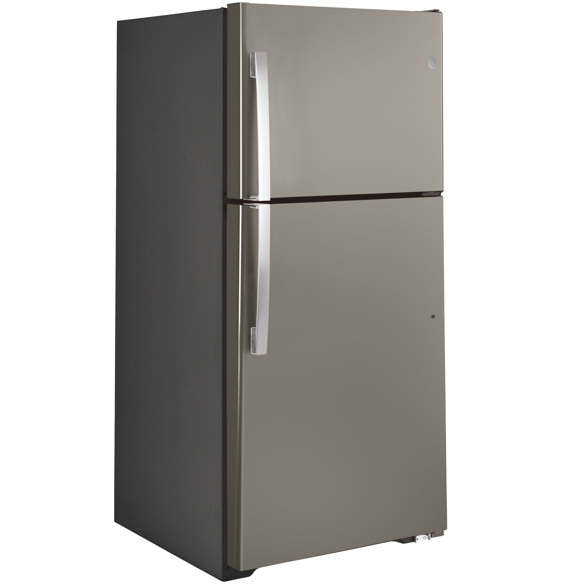 Garage-ready top freezer refrigerator in neutral steel finish with vertical handles from appliances collection