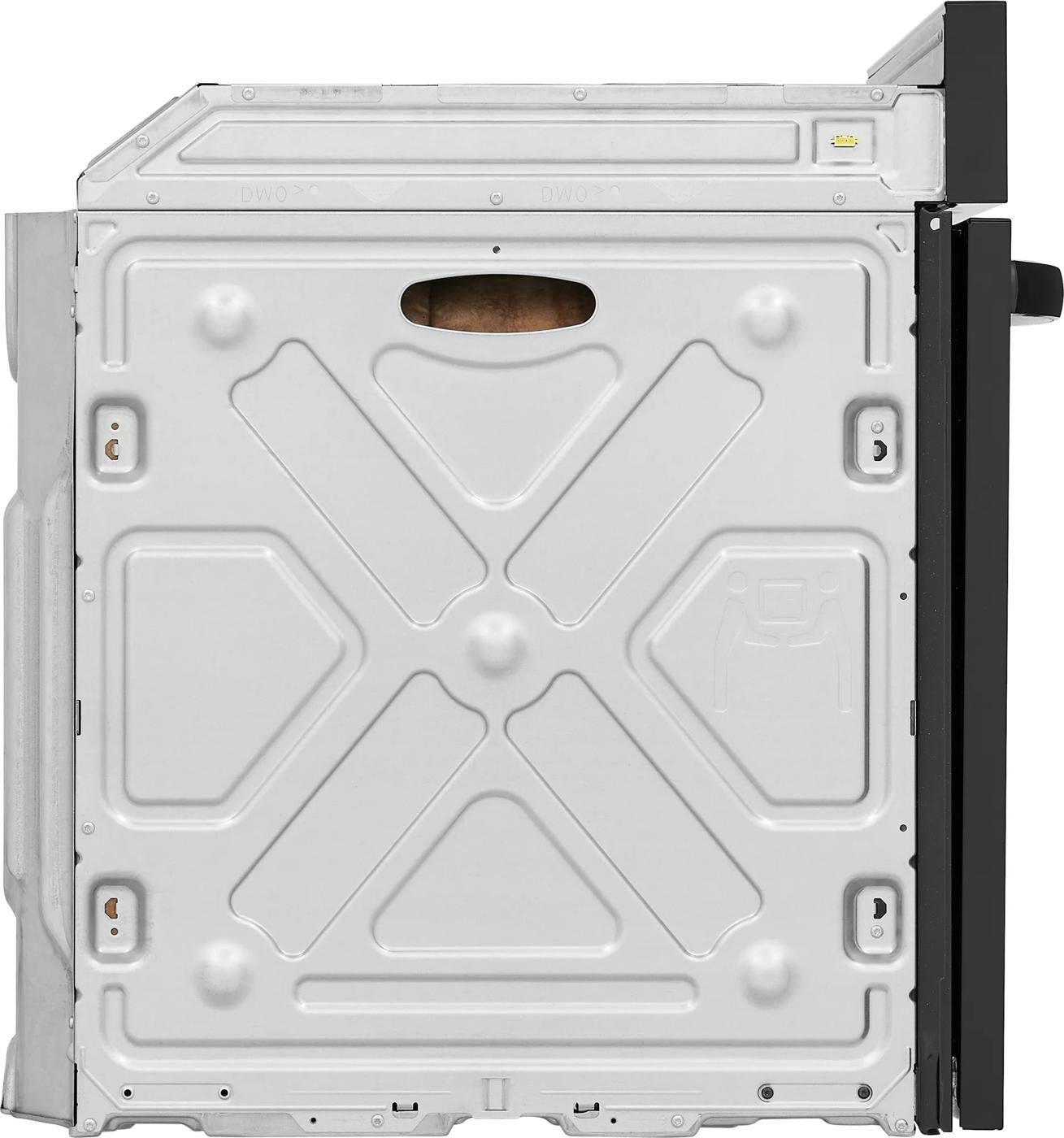Side view of metal body and black control panel of a 30-inch single electric wall oven from kitchen appliances collection