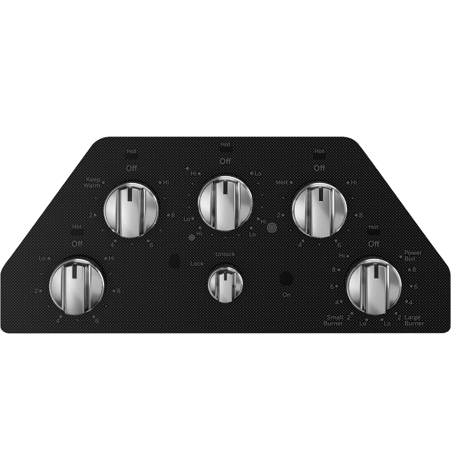 Black electric cooktop control panel with five stainless steel knob controls for burners in kitchen appliances collection