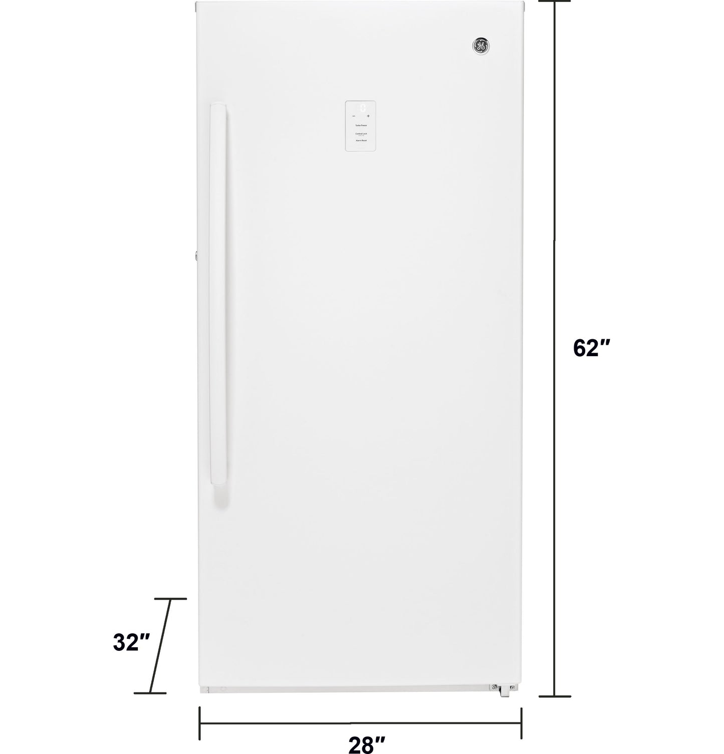White frost-free upright freezer with digital control panel and vertical handle, suitable for garage and kitchen use in appliances collection