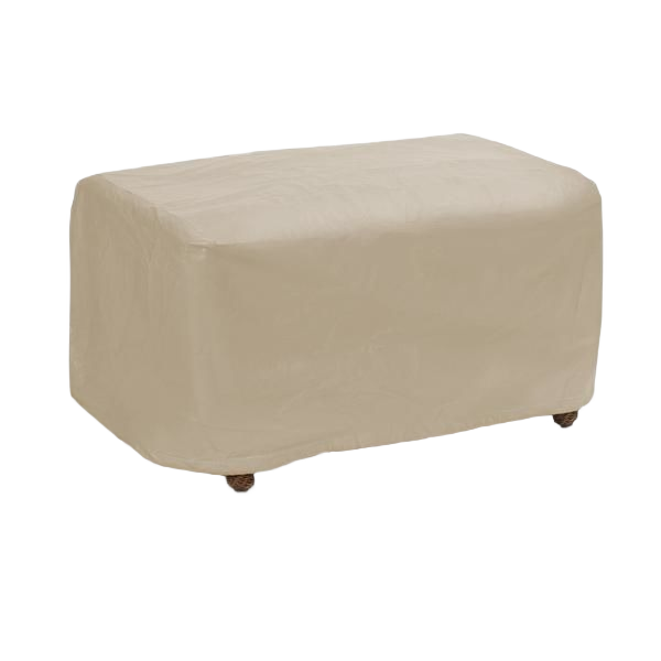 Large tan outdoor ottoman cover made of durable vinyl with secure hook and loop fasteners for patio furniture protection
