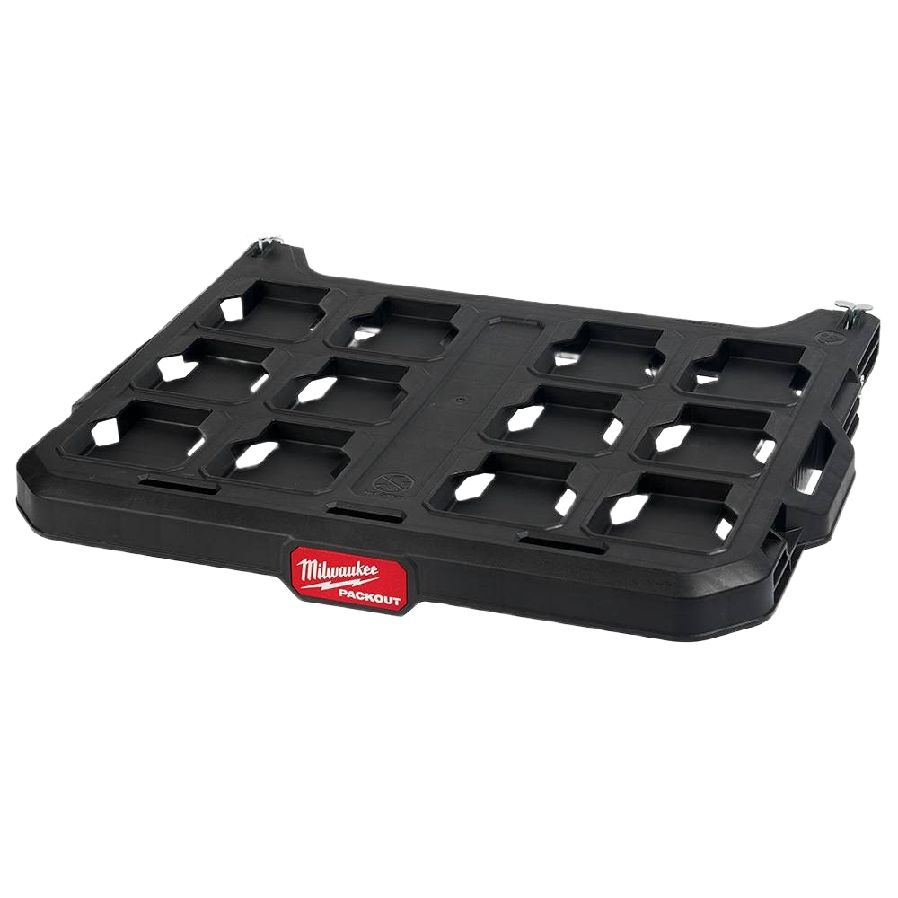 Black rugged plastic mounting shelf with grid slots and side handles for tool storage and workshop organization systems