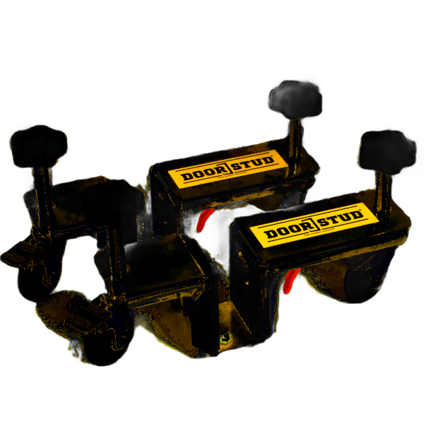 Pair of black steel door handling tools with yellow labels for efficient door installation in lumber and building materials collection