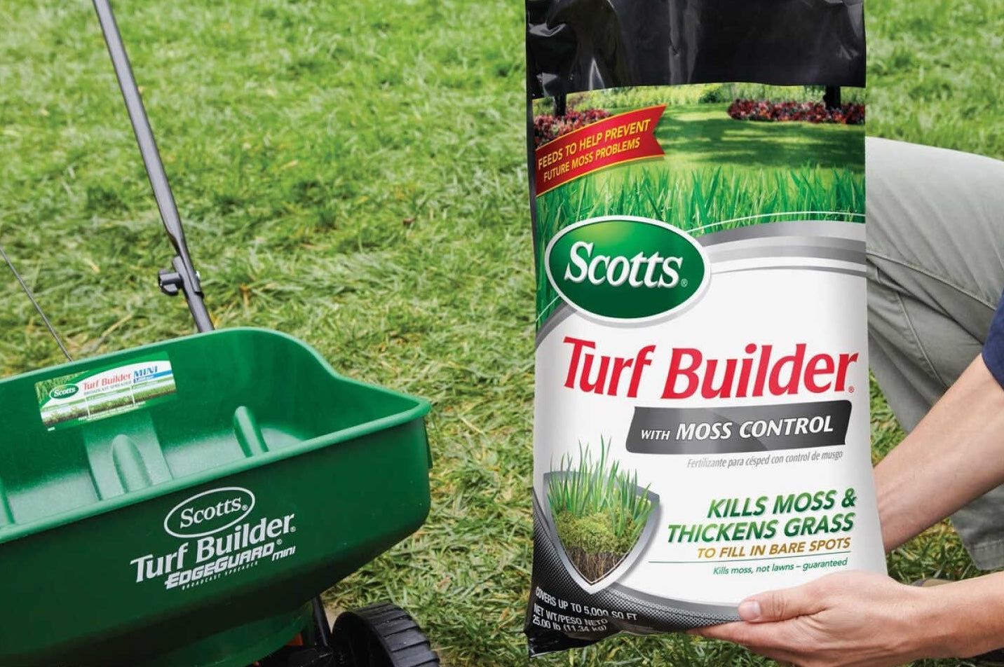 Bag of Scotts Turf Builder with Moss Control next to green lawn spreader for lawn fertilizer and care projects under $50 collection