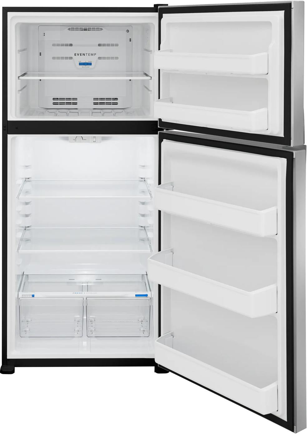 Empty top freezer refrigerator with clear glass shelves and spacious door bins in kitchen appliance collection