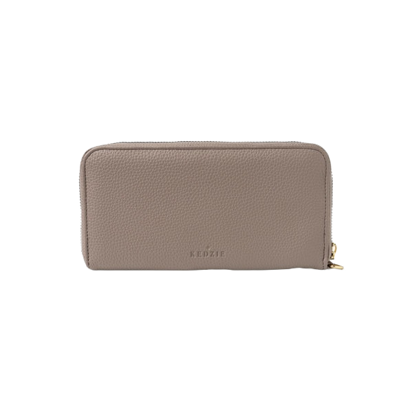 Taupe vegan leather zip-around clutch with textured finish and subtle logo, part of accessories and under $50 collections