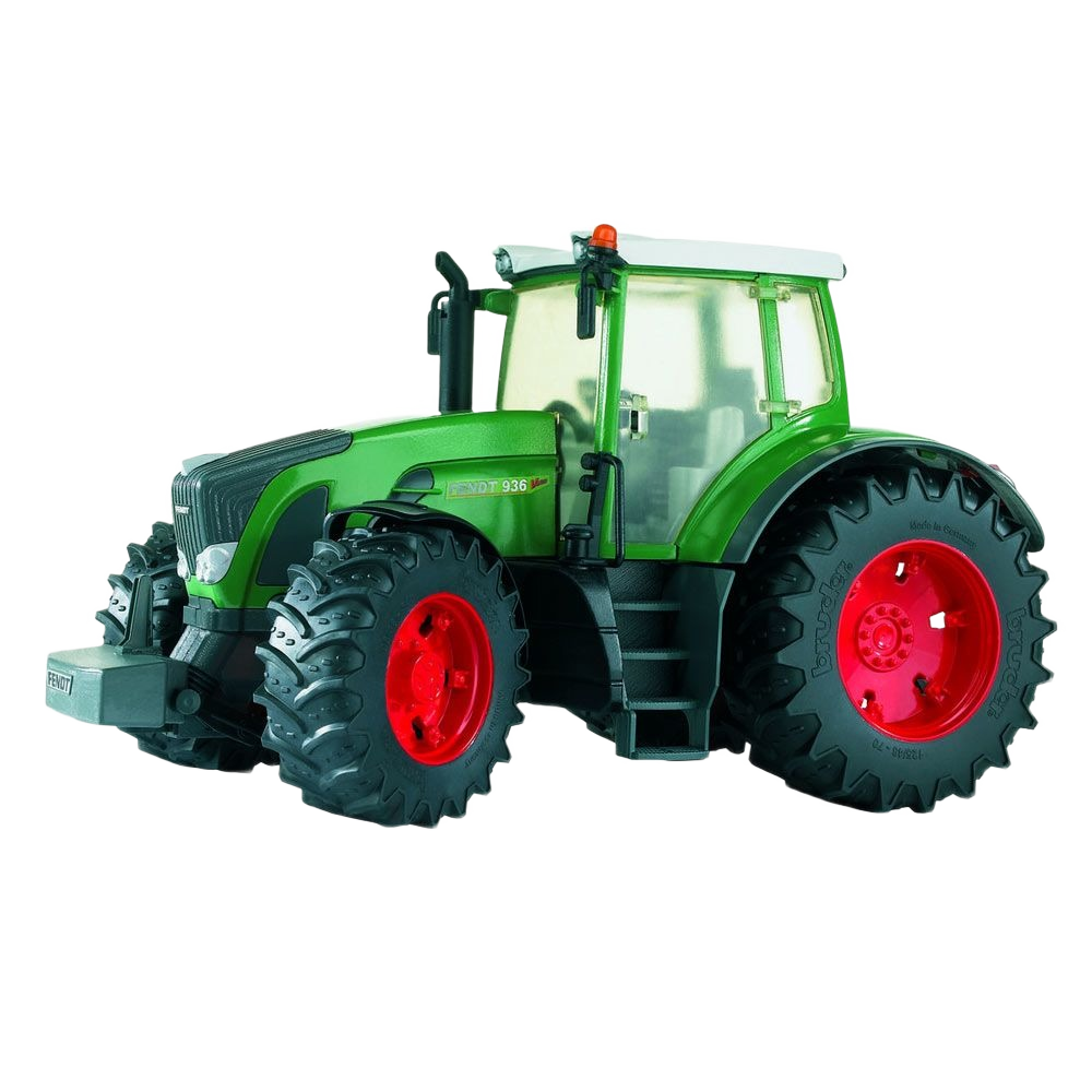 Green and red detailed toy tractor with large rugged tires and enclosed cab for imaginative play and display