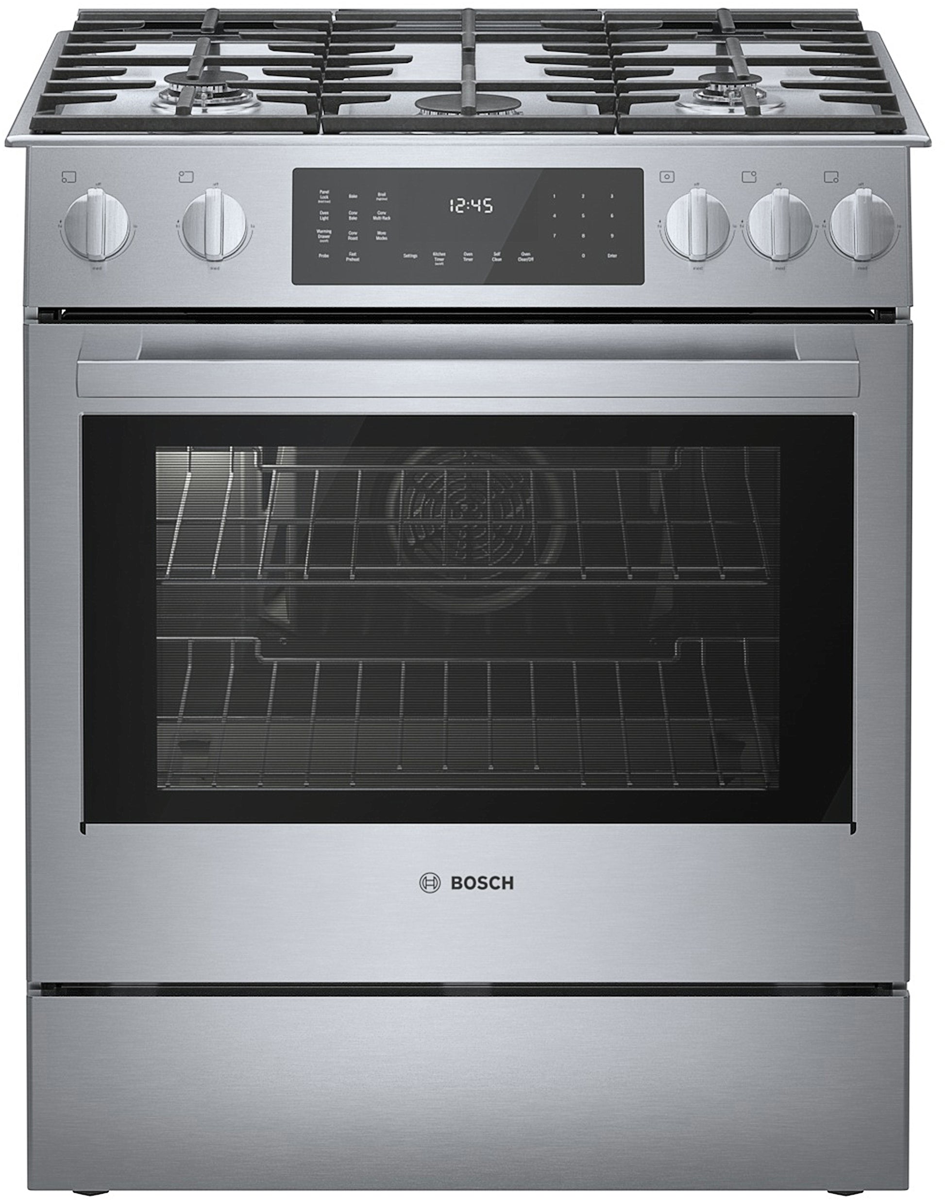 stainless steel dual fuel slide-in range with digital touch controls and metal knobs from Bosch kitchen appliances collection