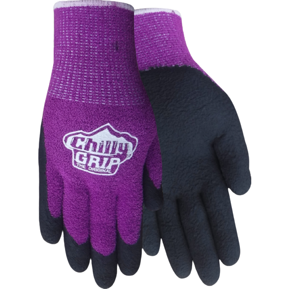 Pair of medium purple textured water resistant gloves with black gripping palms for home improvement tasks