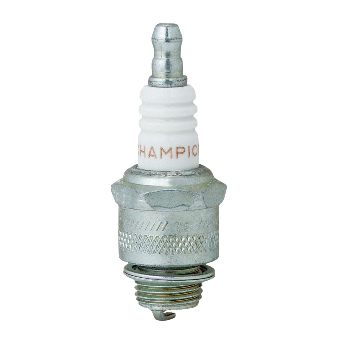 Small engine spark plug with copper core and threaded metal base for parts and lubricants in home improvement tools.