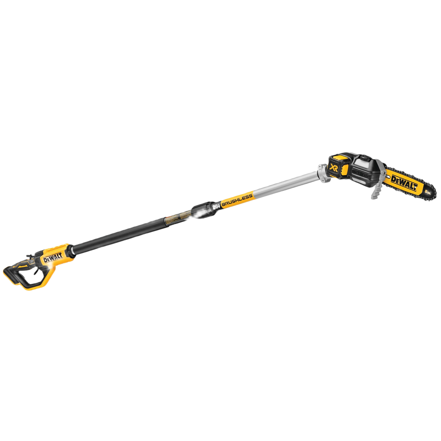 Cordless brushless pole saw with extended handle and ergonomic grip for cutting branches in home improvement tasks