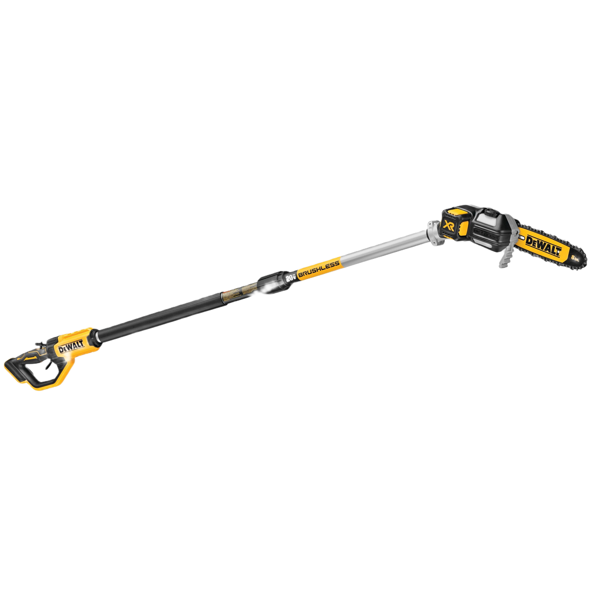Cordless brushless pole saw with extended handle and ergonomic grip for cutting branches in home improvement tasks