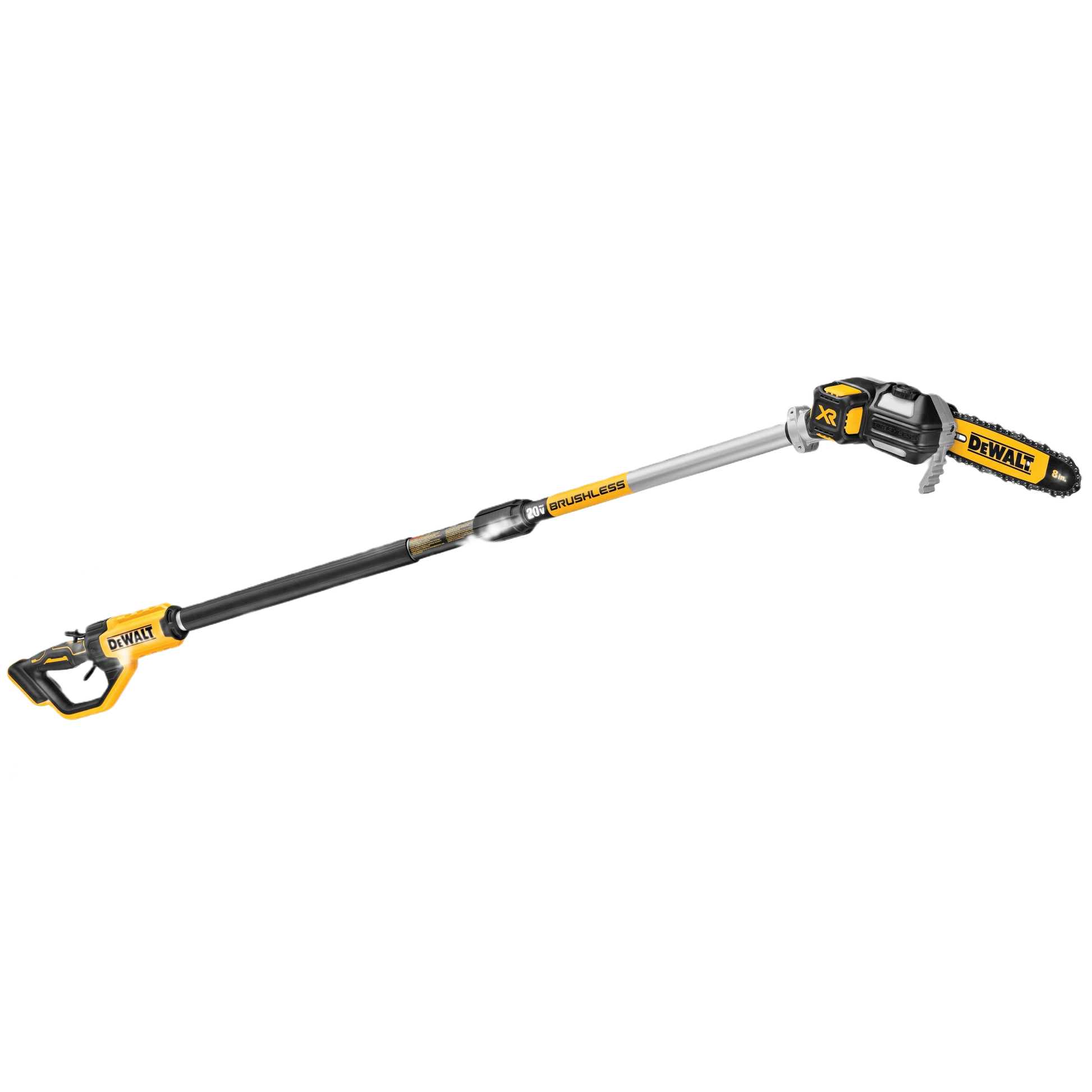 Cordless brushless pole saw with extended handle and ergonomic grip for cutting branches in home improvement tasks