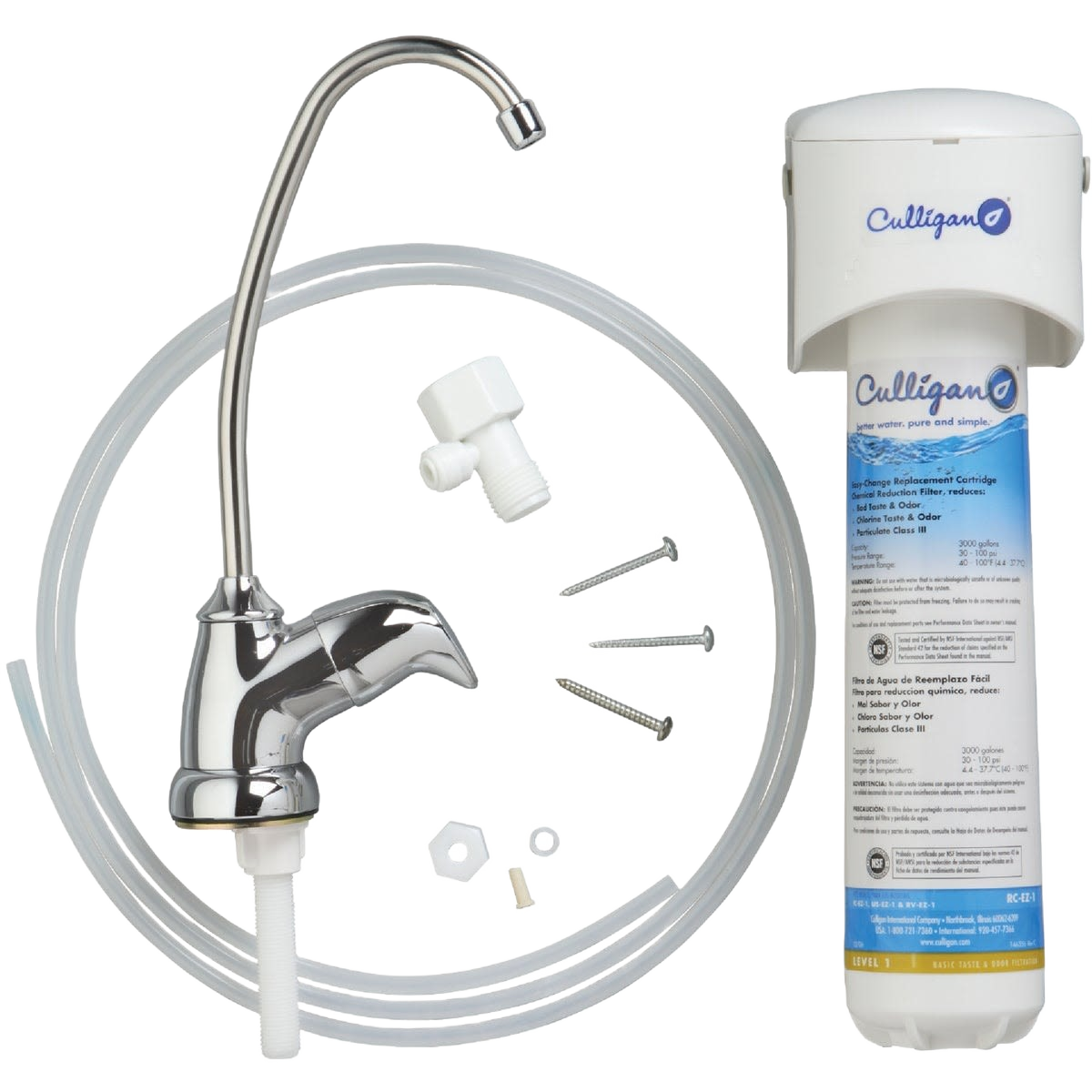 Compact white water filter system with chrome faucet, tubing, and installation hardware for home improvement use