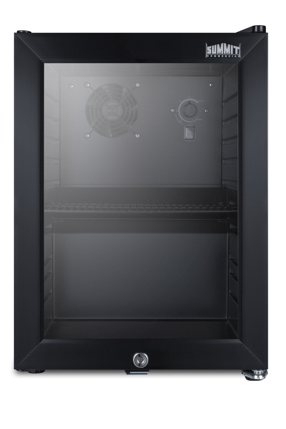 Black compact beverage center with glass door, internal fan, temperature dial, and adjustable shelving in kitchen appliances collection