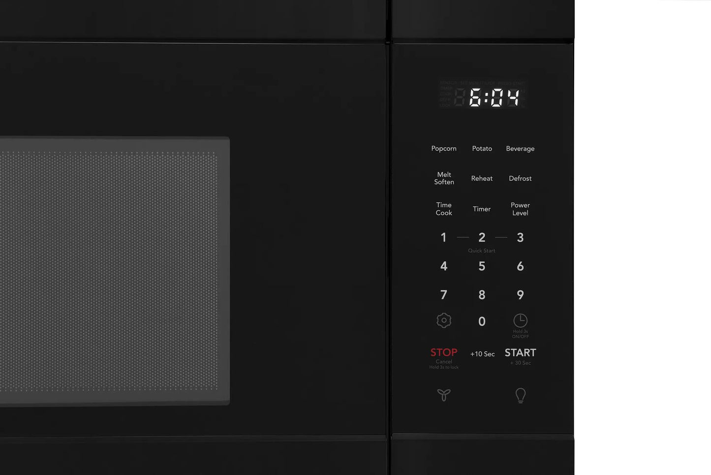 Black over-the-range microwave keypad with digital clock, numeric buttons, and preset cooking options for kitchen appliances collections