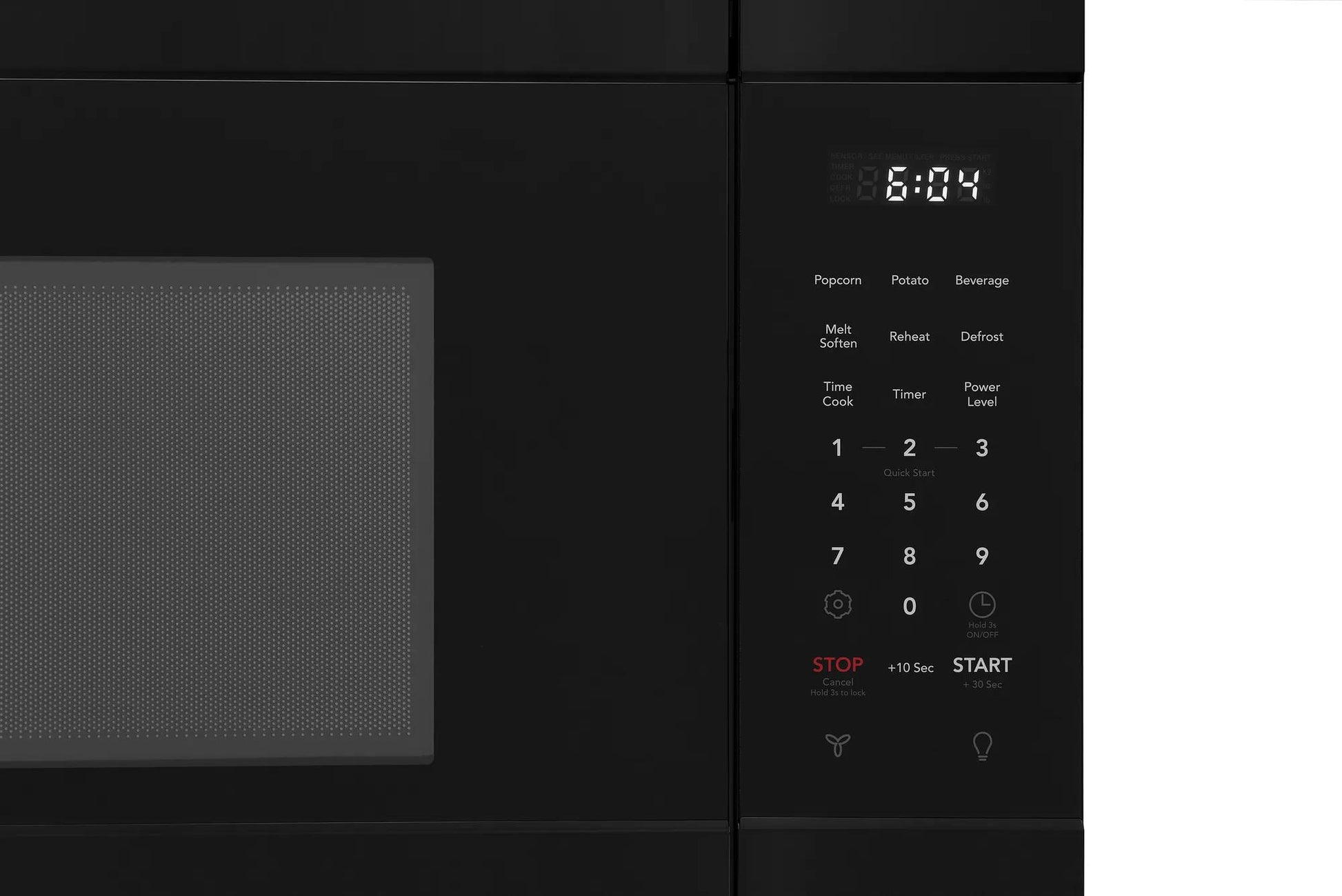 Black over-the-range microwave keypad with digital clock, numeric buttons, and preset cooking options for kitchen appliances collections