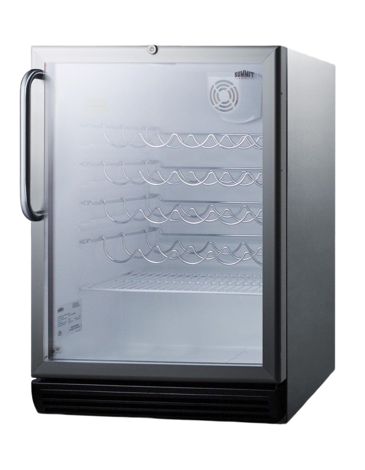 24-inch wide built-in wine cellar with stainless steel frame, lockable glass door, and multiple curved chrome racks, featured in Refrigerators, Kitchen & Kitchenware, Beverage Centers, and Appliances at Hartville Hardware.