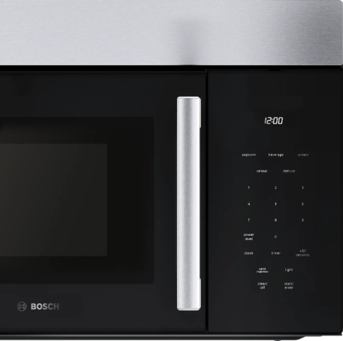 Stainless steel and black microwave with digital control panel and vertical handle in Bosch kitchen appliances collection