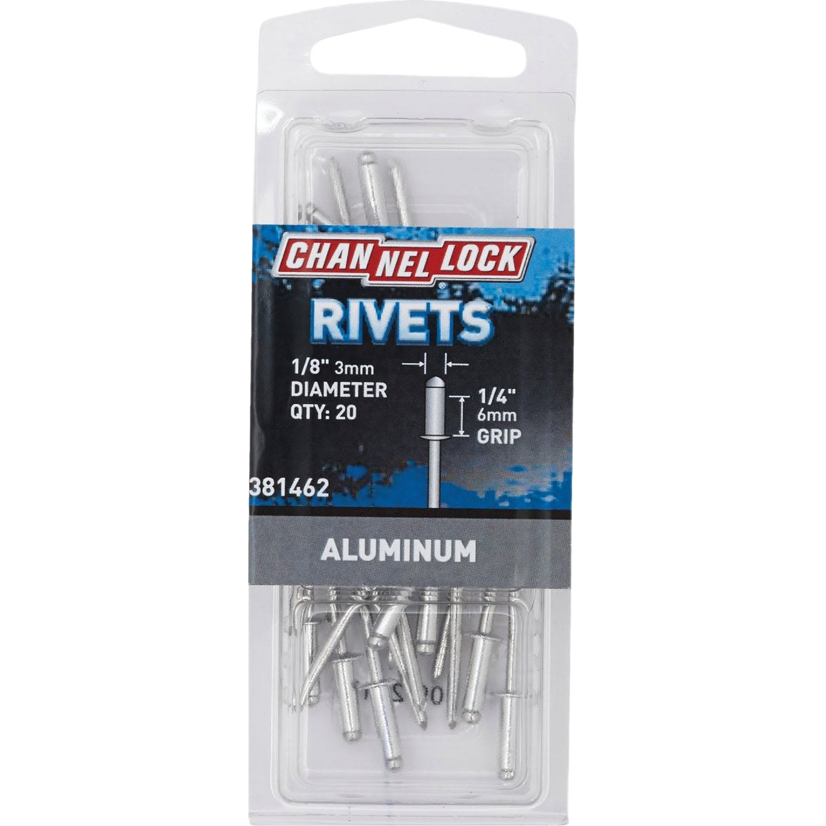 Clear plastic package of aluminum pop rivets with 1/8 inch diameter and 1/4 inch grip for tools and home improvement