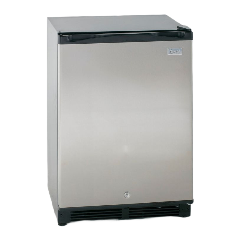 Compact stainless steel refrigerator with single door and ventilation grill, ideal for kitchens and appliances collections