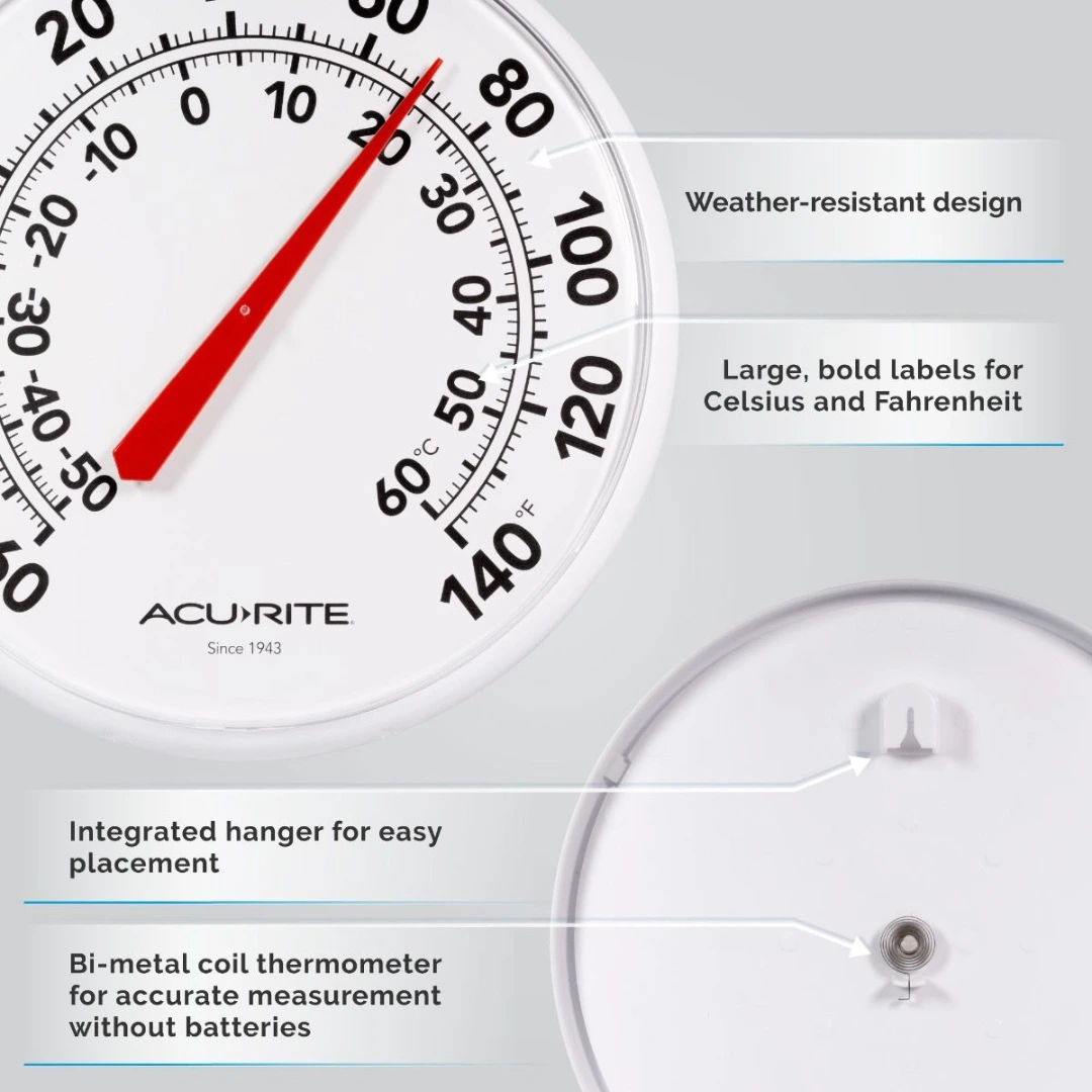 Close-up of AcuRite thermometer with large Fahrenheit and Celsius markings and integrated hanger for home use