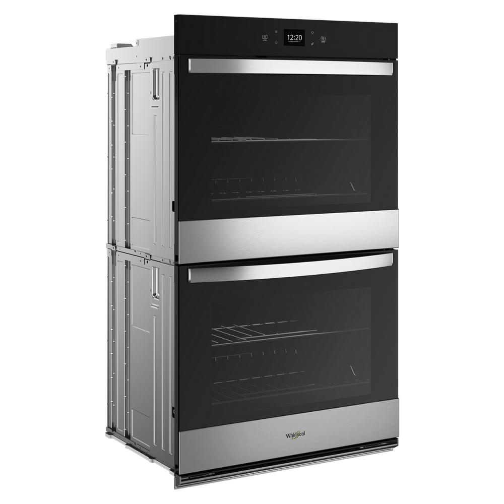 Black and stainless steel double wall oven with digital display and air fry feature in Wall Ovens and Appliances collections