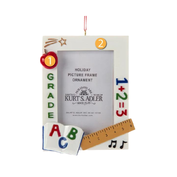 Christmas ornament picture frame with school-themed decorations including a ruler, book, and math symbols