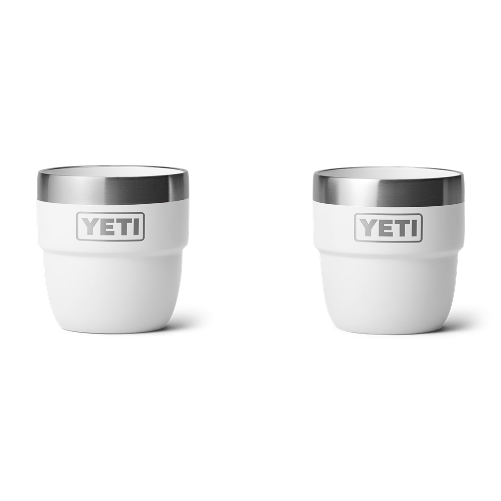 Two white stackable 4 oz. insulated cups with stainless steel rims for durable drinkware use in kitchen and outdoors