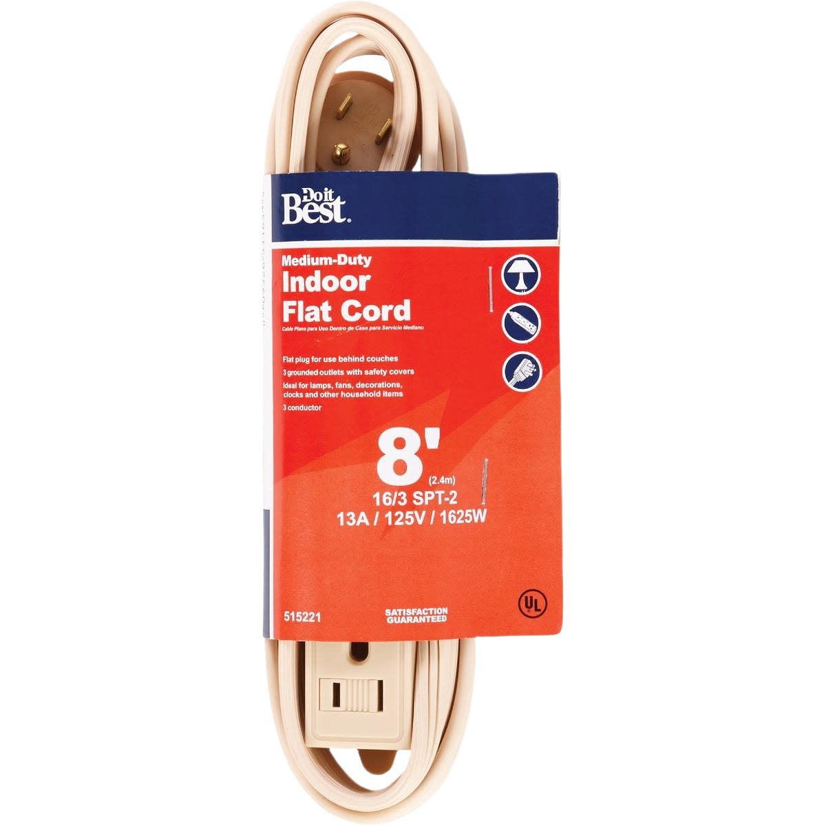 Tan flat extension cord coiled with grounded three-prong plug and blue and orange packaging for indoor use