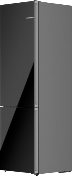Black free-standing fridge-freezer with bottom freezer and glass door in modern kitchen appliance collection