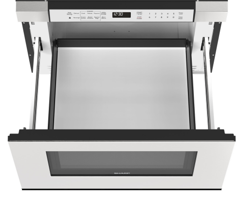Open stainless steel microwave drawer with digital display and touch controls in Microwaves and Kitchen & Kitchenware collections