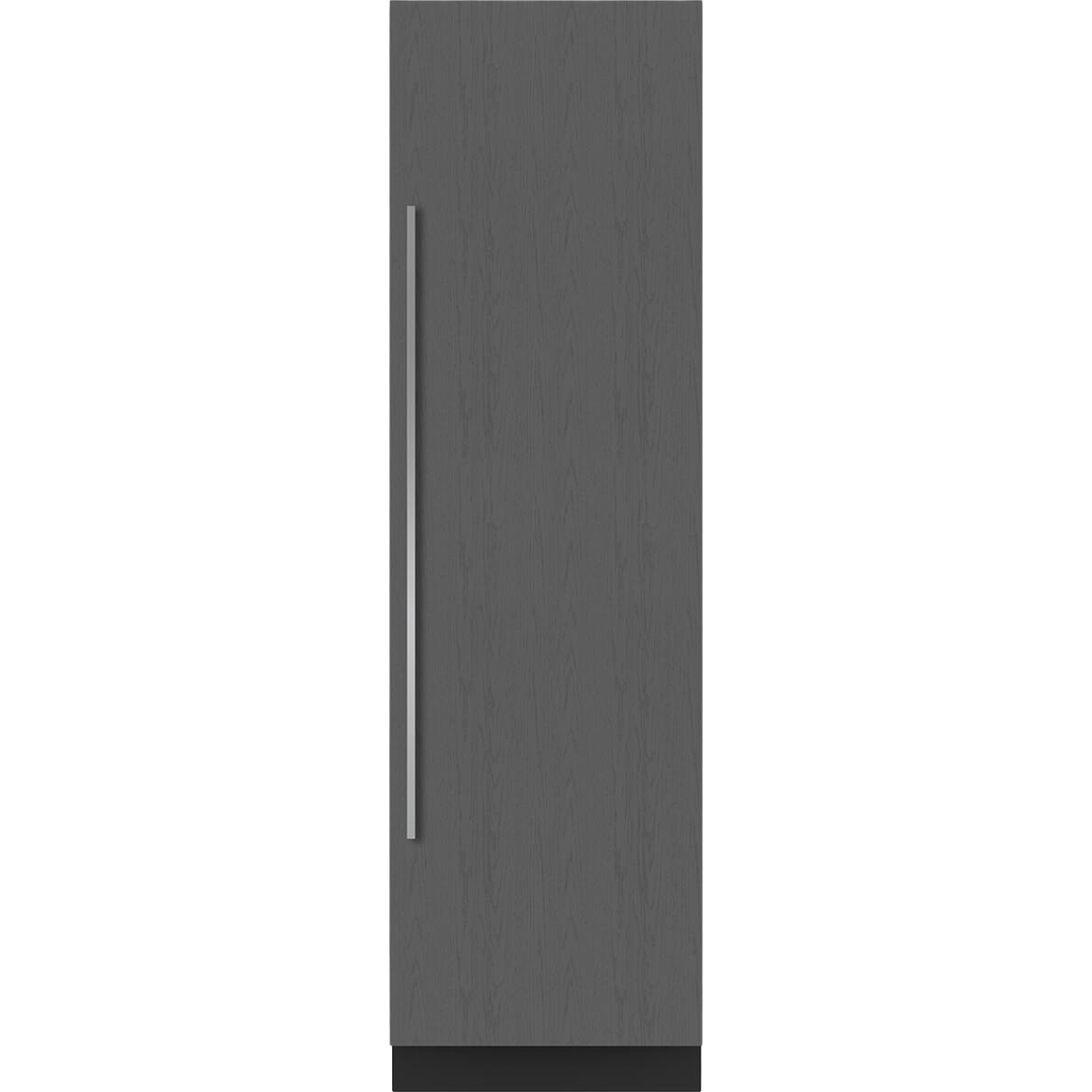 Tall single-door column freezer with dark wood finish and long vertical stainless steel handle, part of kitchen appliances collection