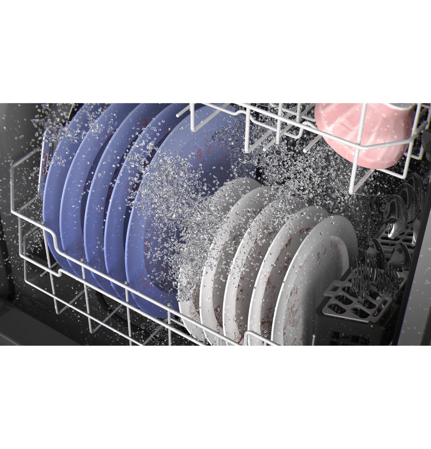 Water spraying over blue and white plates in lower rack of dishwasher from Kitchen & Kitchenware appliances collection
