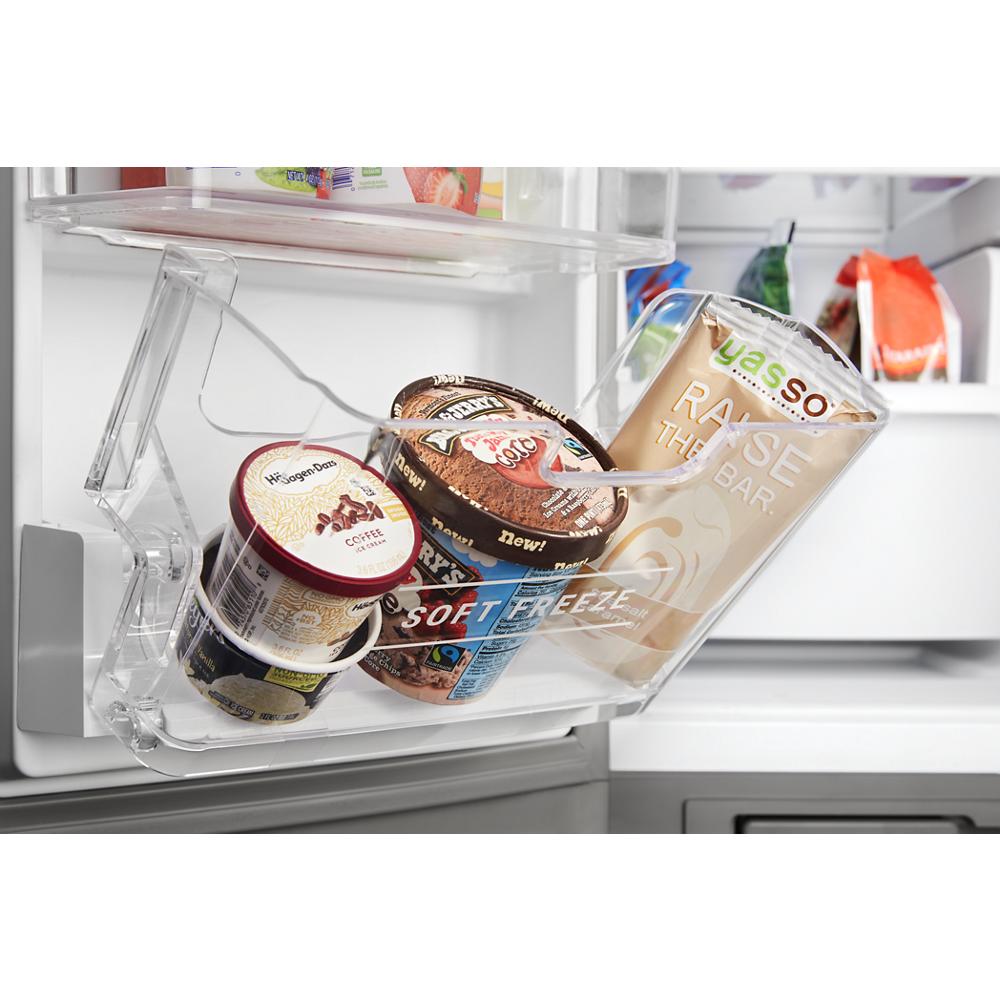Close-up of Soft Freeze Bin in refrigerator door storing ice cream and frozen snacks in kitchen appliances collection