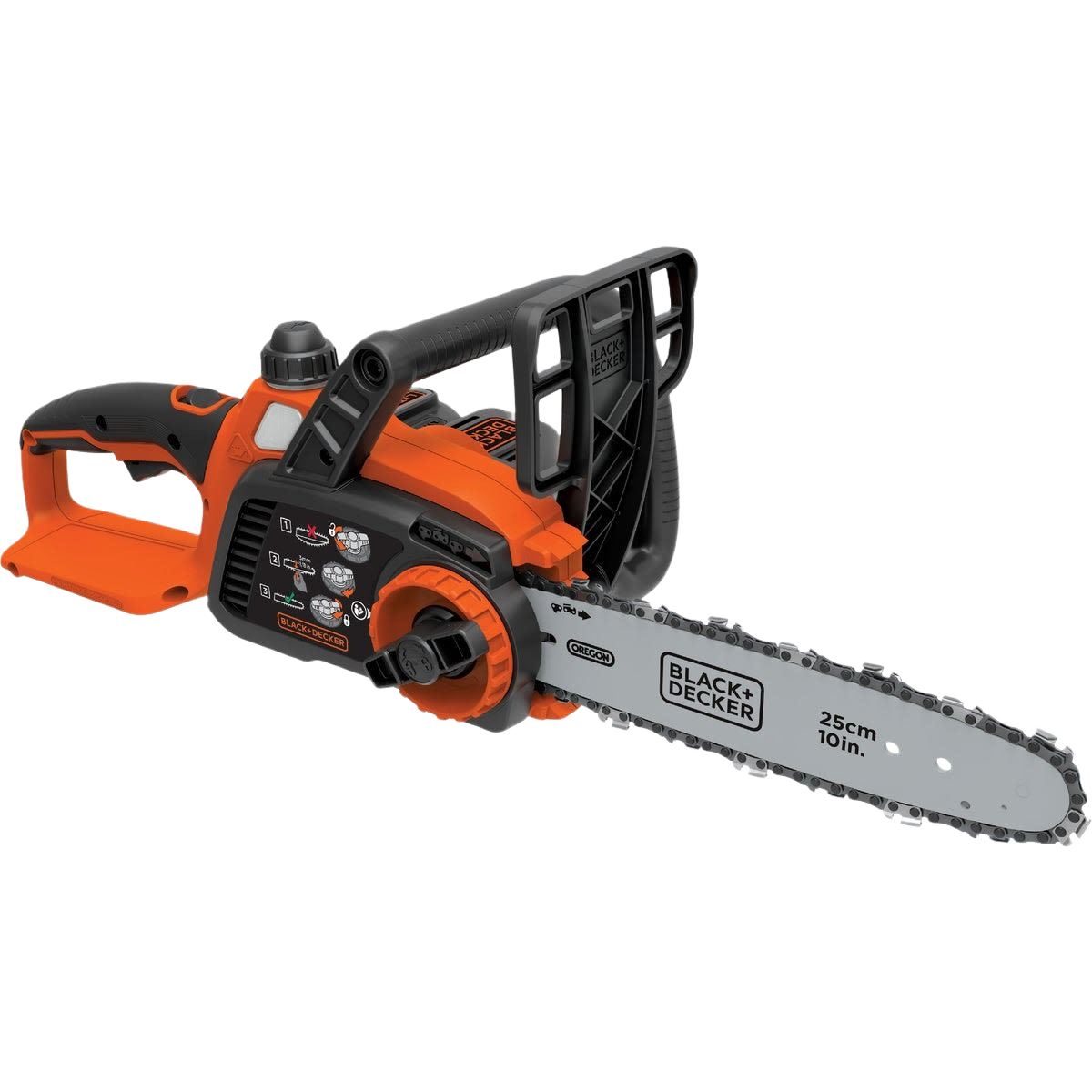 Cordless 20V MAX chainsaw with 10-inch bar in orange and black for home improvement and outdoor cutting tasks