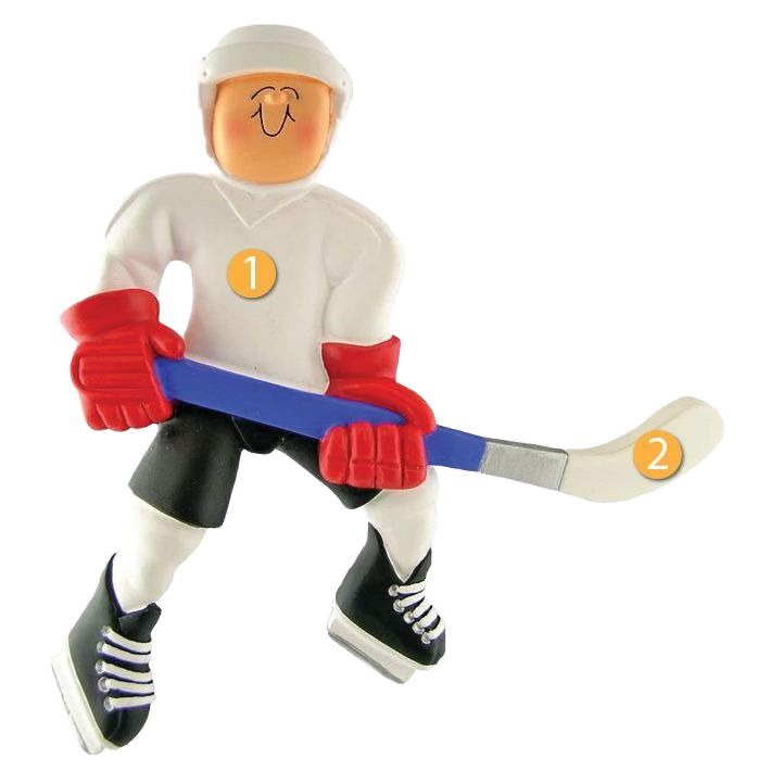 White-uniformed male hockey player ornament with red gloves and blue stick in Christmas decorations collection