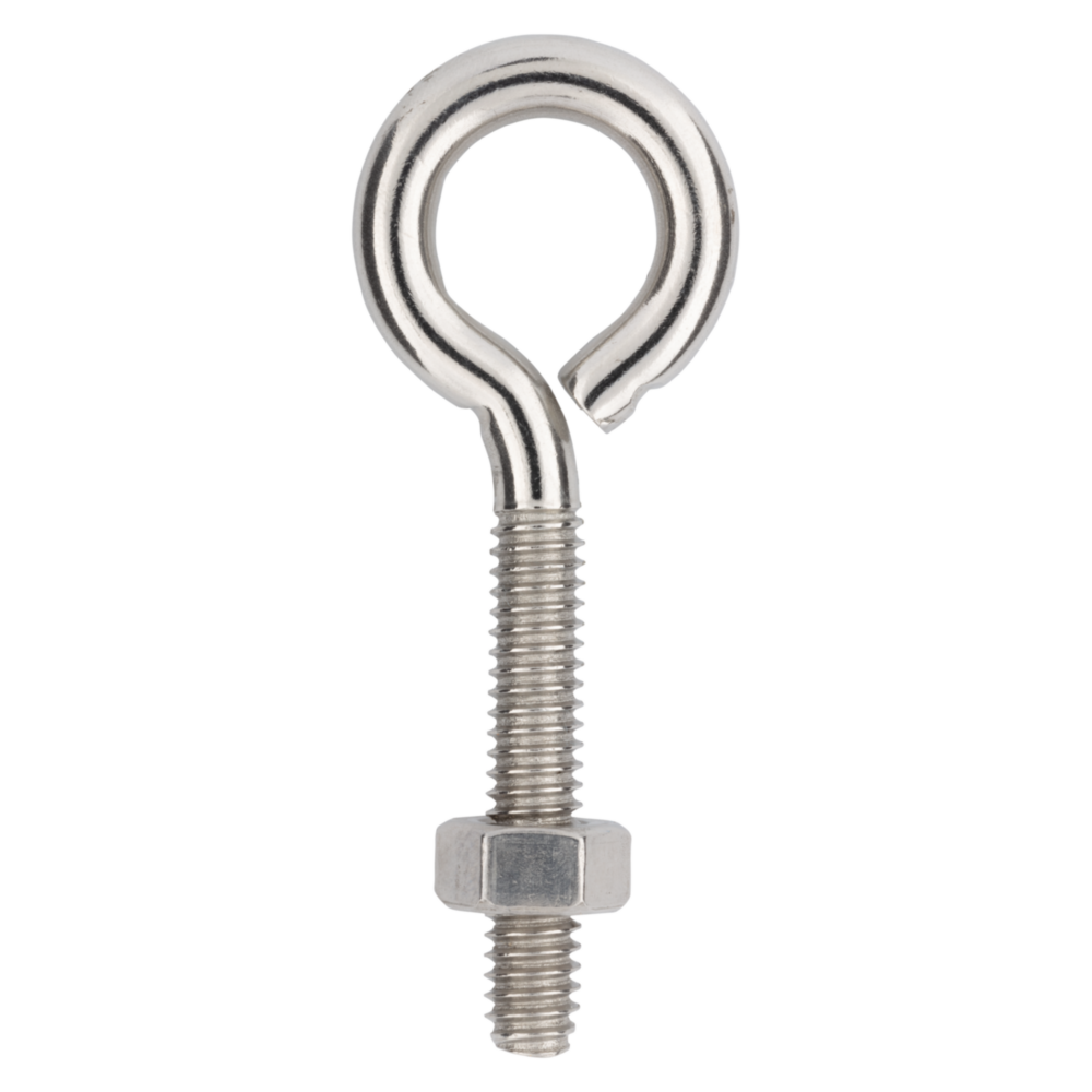 Stainless steel eye bolt with threaded shaft and hex nut for hardware, hooks, fasteners, and home improvement projects under $50