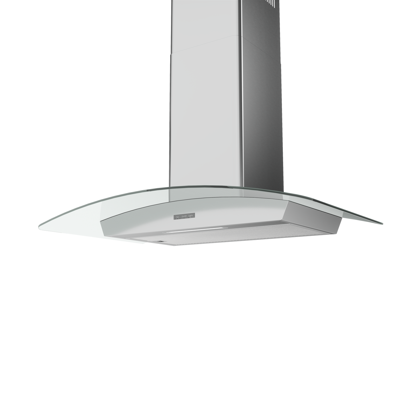 wall-mounted curved glass range hood with stainless steel chimney and integrated LED lights for kitchen use