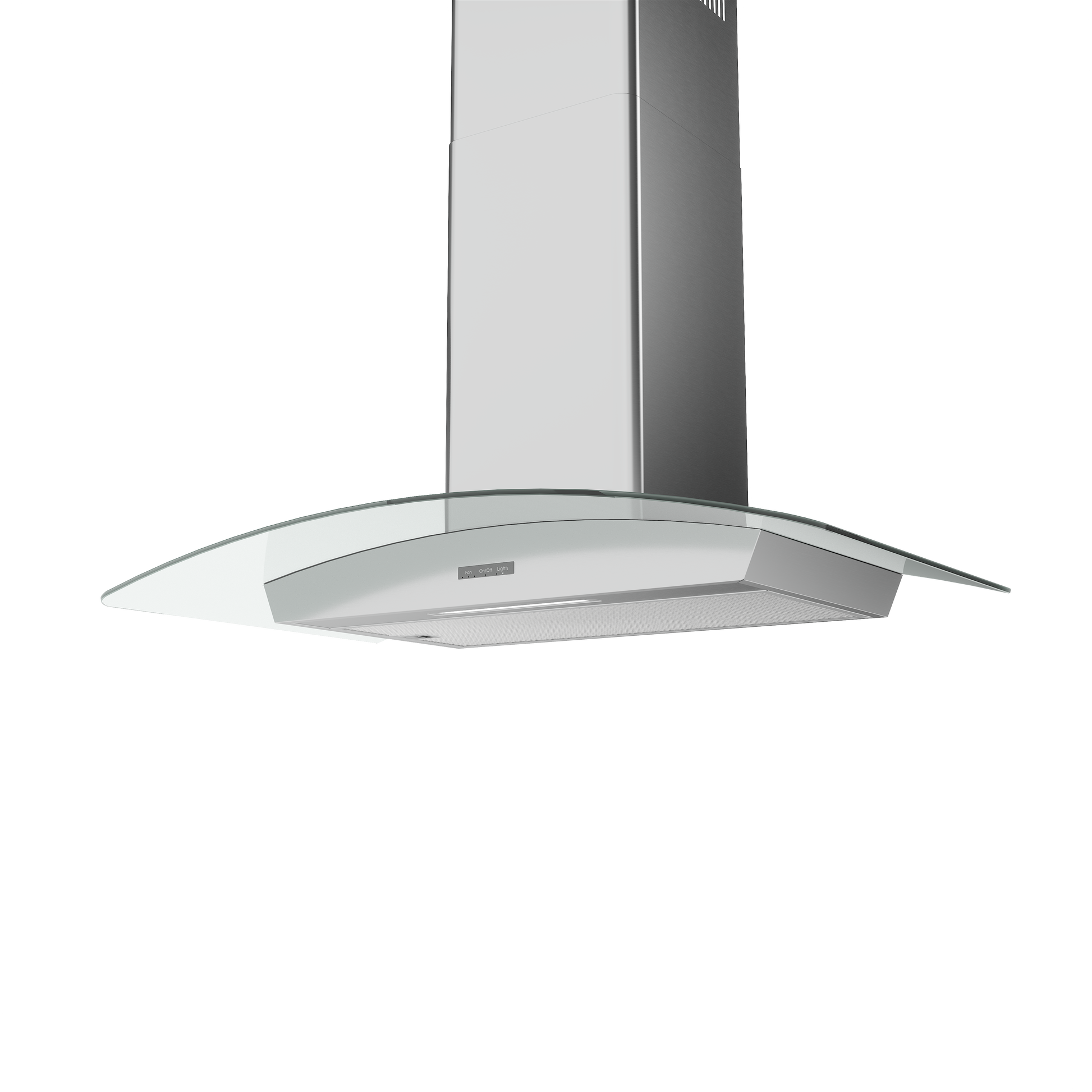 wall-mounted curved glass range hood with stainless steel chimney and integrated LED lights for kitchen use