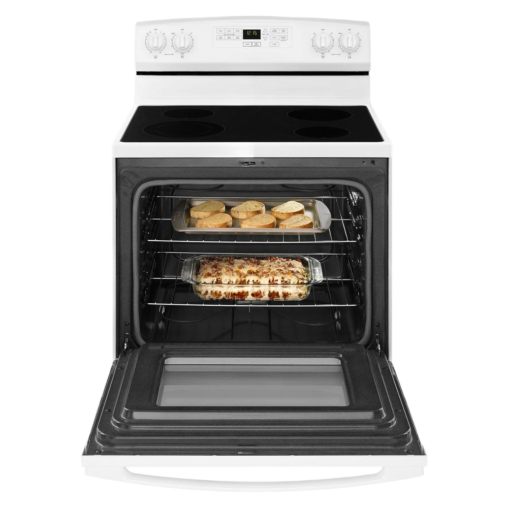 white electric range with smooth cooktop, open oven door showing baked dishes inside in kitchen appliances collection
