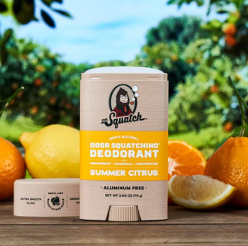 Natural deodorant stick with summer citrus scent, featuring arrowroot, charcoal, and postbiotics, free of aluminum.