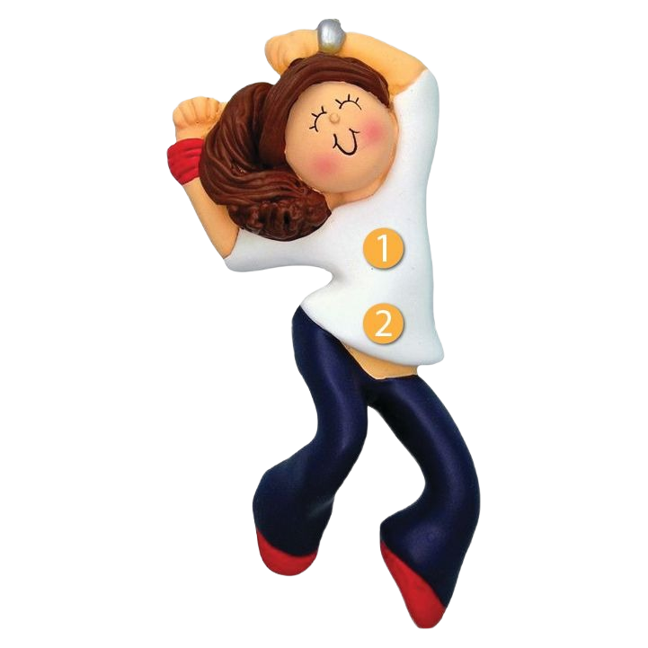 Playful brunette female hip hop dancer ornament in white top and navy pants, festive Christmas tree decoration under $50