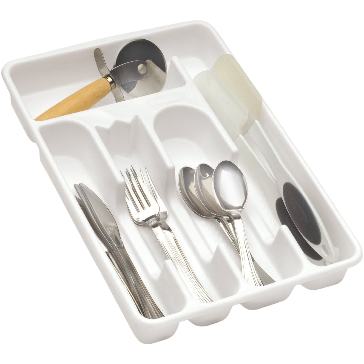 White cutlery tray organizing knives, forks, spoons, and kitchen tools for storage and kitchenware collections