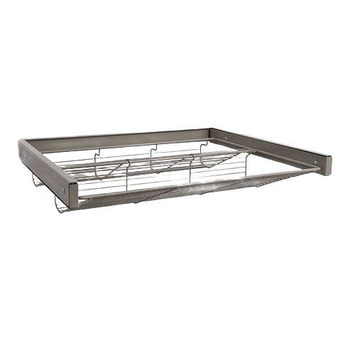 Nickel-finished adjustable shoe shelf frame from FreedomRail system for versatile storage and dorm organization solutions