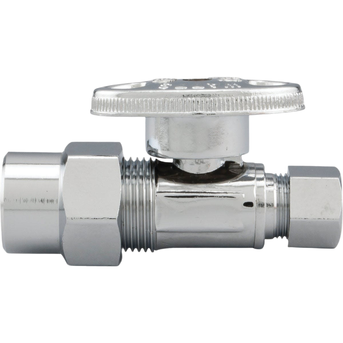 Chrome finished quarter turn compression valve with straight design for home improvement plumbing applications