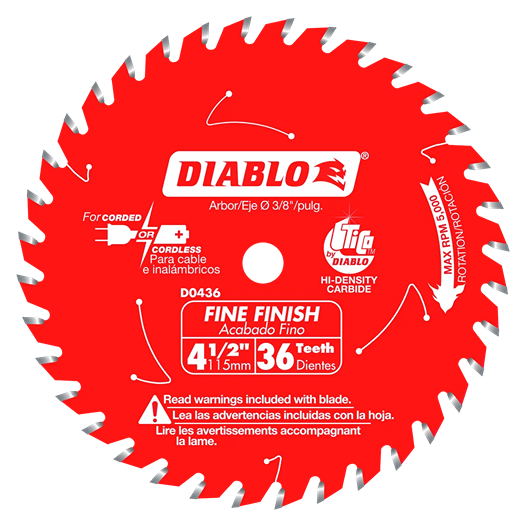 Red coated circular saw blade with 36 carbide teeth for fine finish cutting in tools and home improvement projects